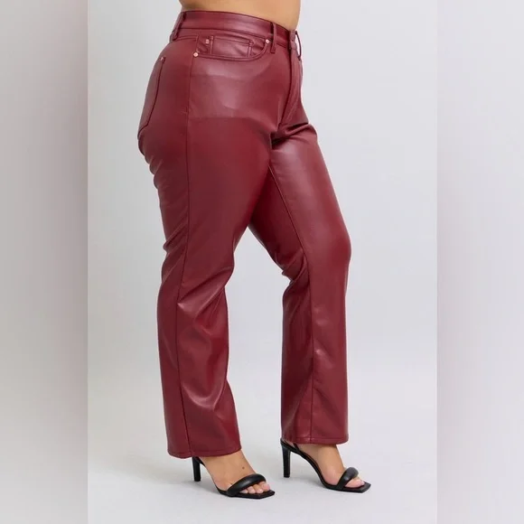 Judy Blue Full Size High Waist Tummy Control Faux Leather Straight Pants